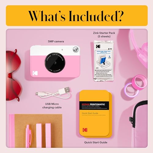 Image of Kodak Printomatic Full-Color Instant Print Digital Camera - 75 Sheets Bundle - Prints On Zink 2x3 Sticky-Back Photo Paper - 5MP, Portable, Creative Fun Gift for Birthday, Christmas, Holiday - Pink