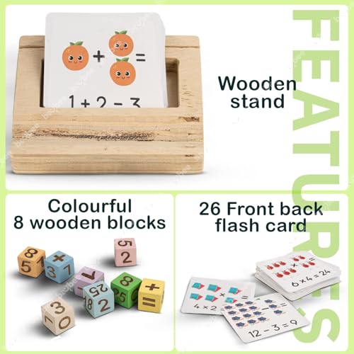 Image of Baybee Wooden Math Learning Puzzle for Kids with 26 Double Sided Flash Cards, 8 Number Blocks & Wooden Stand | Educational Counting, Addition & Subtraction Game Toy for Boys Girls Age 3-8 Years