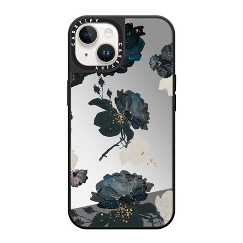 CASETiFY �~���[ iPhone 14 �P�[�X [1.5m����̗����������N���A/MagSafe �ɑΉ�] - White and Black Floral - �V���o�[ (�u���b�N�o���p�[)