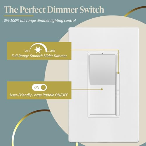 Image of TOPGREENER Dimmer Light Switch, LED Dimmer Switches for 300W Dimmable LED /CFL Lights and 600W Incandescent /Halogen,Full Range Dimming, Single Pole /3-Way, Wall Plate Included, UL Listed, 6 Pack,White