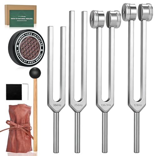 Tuning Forks for Healing Set 128Hz 136.1Hz 256Hz 384Hz & Activator Reflex Hammer Medical Grade Sound Healing InstrumentsPure Frequencies Tuning Forks for Stress Relief/Chakra/Sound Therapy/Yoga