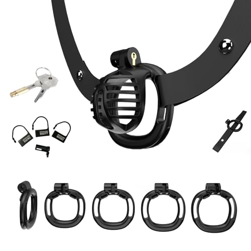 Crysore Petit Chastity Cage homme Set avec 4 anneaux testiculaires, dilatateur et ceinture de chasteté ABS Cage de chasteté homme BDSM Jouets sexuels pour couples Chasteté (Black-M2B)