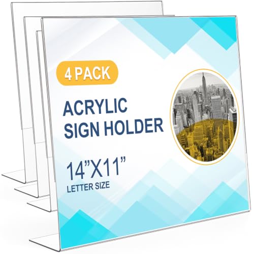 Image of Qilery 4 Pcs Acrylic Sign Holder Horizontal 14 x 11 Inch, Standing Sign Holder Table Top Transparent Plastic Document Slant Back Display Stand for Workers Teachers Office Restaurant Menu Desktop