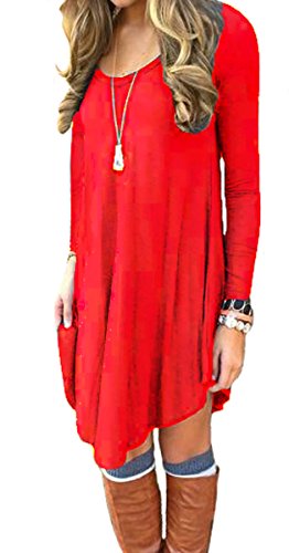POSESHE Women's Long Sleeve Casual Loose T-Shirt Dress Red Medium