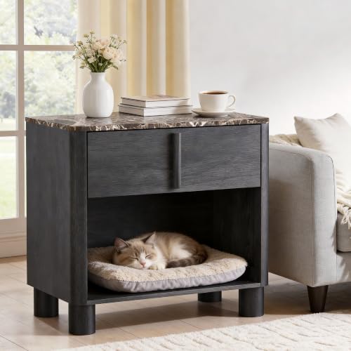 Image of 27 inch Wide Nightstand with Drawer and Open Shelf, Faux Marble & Wood Bedside Table, Modern Curved Side Table with Rounded Body and Cylindrical Legs, Large End Table for Bedroom,Black Grey