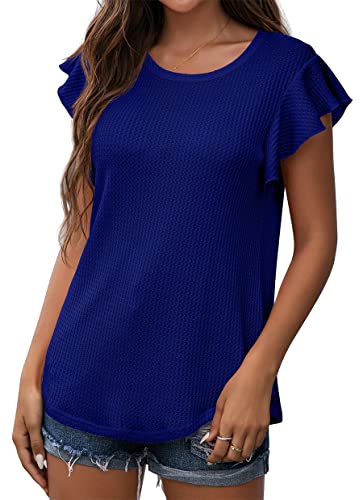 Iwollence Ruffle Short Sleeve Top Waffle Knit Tunic Casual Blouse Round Neck Shirts Summer Tank Tops For Women Royal Blue X-Large #TOP2