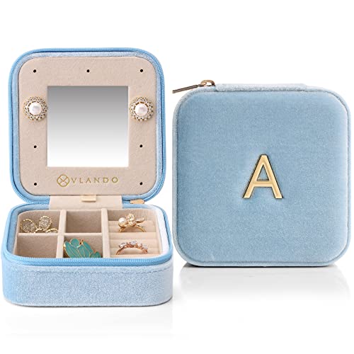 Vlando Velvet Travel Jewelry Case, A Initial Letter Travel Jewelry Box For Women Girls, Small Jewelry Organizer Box With Mirror, Travel Gifts For Women Girls, Mothers Biirthday Valentines Day Gift Ideal (A, Blue) #TOP26