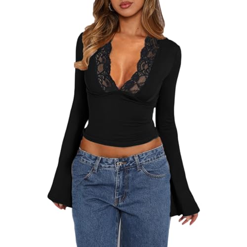 Women Long Bell Sleeve Crop Top Lace Patchwork Trim V Neck Fall Sexy Slim Fitted T Shirt Y2K Going Out Tops (Black, L)
