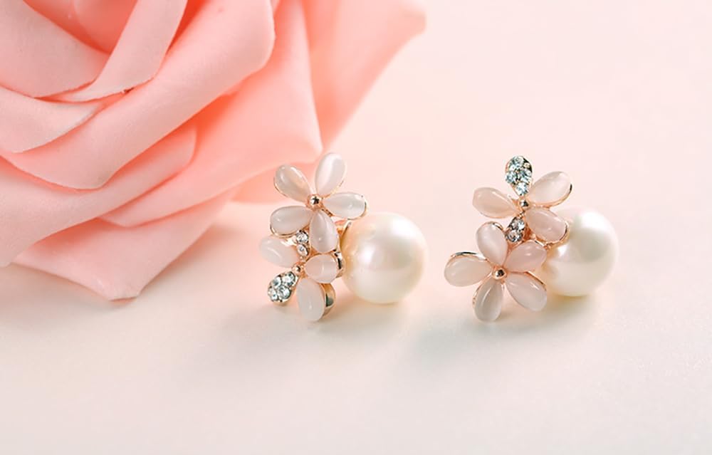 Dainty Pearl Flower Stud Earrings 925 Sterling Silver Pin Crystal Cubic Zirconia Cat Eye Stone Flowers Cultured Freshwater Pearls Studs Earring Delicate Hypoallergenic Jewelry Gifts for Women Mother - Image 7