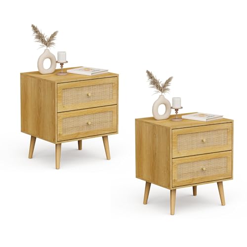 VonHaus Bedside Tables Set of 2 for Bedroom - Scandi Style Natural Rattan 2 Drawer Nightstand with Metal Handle and Tapered Legs - Boho Look Side Table for Living Room, Cane Bedside Cabinet