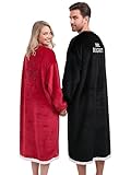 Jecery 2 Pack His and Hers Large Wearable Flannel Blanket Jacket with Pocket Christmas Gift for Couples(Black, Red)