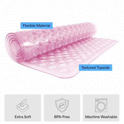 Image of GORILLA GRIP Patented Bath Tub Shower Mat, Machine Washable Bathtub Floor Liner Mats, Suction Cups and Drain Holes to Keep Tubs Clean, Soft on Feet, Bathroom Essentials, 35x16 Inch, Clear Light Pink