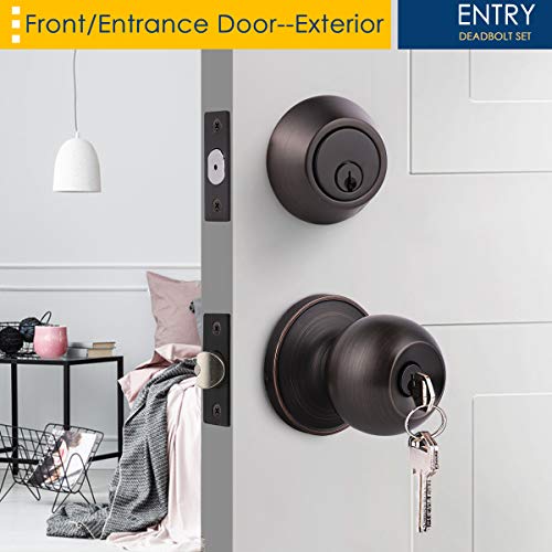 4 Pack Keyed Entry Door Knob And Single Cylinder Deadbolt Set, Keyed Alike Exterior Knob With Lock And Deadbolt For Office And Front Door, Classic Locking Door Knob, Oil Rubbed Bronze #TOP2