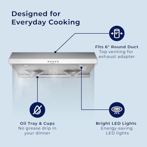 Image of Hauslane Range Hood 30 inch Under Cabinet | Vent Hood | Stainless Steel Quiet Hood Range Stove | 3 Speed Slim Kitchen Range Hood| Energy LED Lamps | Fits 6 Inch Round Ducts, C100