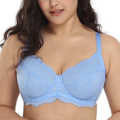 Hsia Minimizer Bras For Women Unlined Underwire Plus Size Bra Lace Full Coverage Eyelash Sky Blue Bras For Big Breast 42C #TOP21