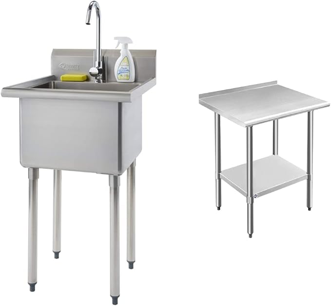TRINITY THA0307 Basics Stainless Steel w/Faucet Utility Sink & ROCKPOINT Stainless Steel Table