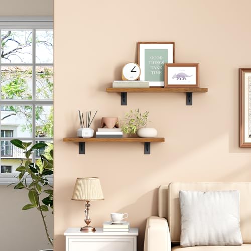 Image of HOOBRO Floating Shelves for Wall, 15.7 inch Wall Mounted Shelves Set of 2, Hanging Storage Shelf with Metal Brackets, Wooden Shelf for Living Room, Bedroom, Bathroom, Rustic Brown and Black BF42BJP201G1