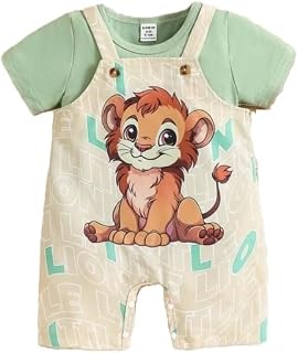 Baby Lion Print Dungree Set with T-Shirt, Mint Green and Beige, Short Sleeve Overall for Infants Price In India