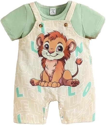 Baby Lion Print Dungree Set with T-Shirt, Mint Green and Beige, Short Sleeve Overall for Infants