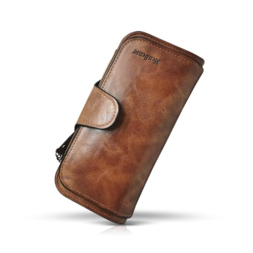 Women's Credit Card Wallet Trifold Long with Zipper Pocket RFID Large (Brown)