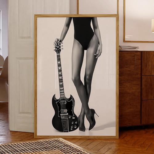 Peinture de femme à la guitare rétro art mural en toile avec cadre 50x70 cm