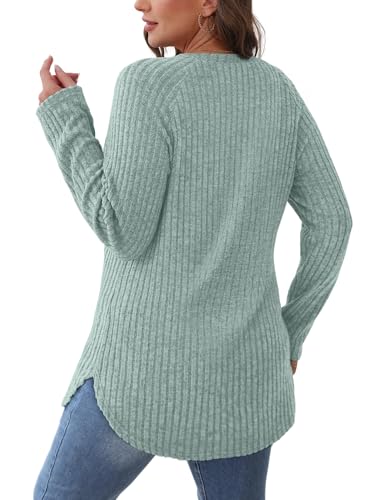 Image of Saloogoe Long Sleeve Shirts for Women 2025 Fall Clothes Tunic Tops Loose Fit Dressy Crewneck Pullover Sweaters Curved Hem
