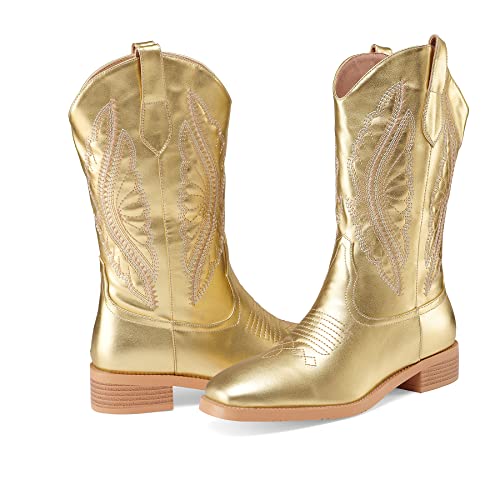 Z.oufeier Women's Fashion Embroidered Mid Calf Square Toe Western Cowboy Boots Sparkly Gold Leather Wide Calf Low Block Heel Tall Cowgirl Boots(Gold,9) #TOP3