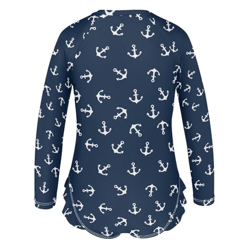 Anchor Shapes Navy Ppattern Girls One Piece Rash Guard Swimsuit, Girls Long Sleeve Swimwear for 3-12Y3