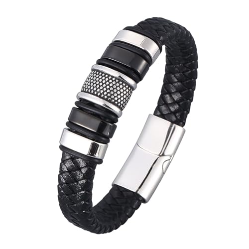 Homxi Bracelets Homme en Argent Noir,Bracelet Homme en Acier Inoxydable Cuir Tressé Bracelet Homme 16.5CM
