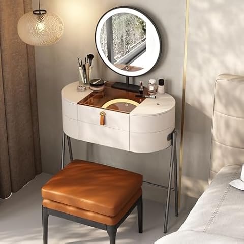 Lartis Premium Vanity Table, Very Easy to Assemble, Removable LED Vanity Mirror,Storage Dressing Table Makeup Stool Set, Super Storage Cover