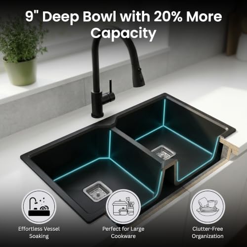 Image of GLOXY Premium Quartz Granite Double Bowl Kitchen Sink 37x18x9 Inches - Scratch Resistant Double Bowl Sink with Black Matte Finish - Undermount & Topmount Sink With Drainer Basket Coupling Hose Pipe