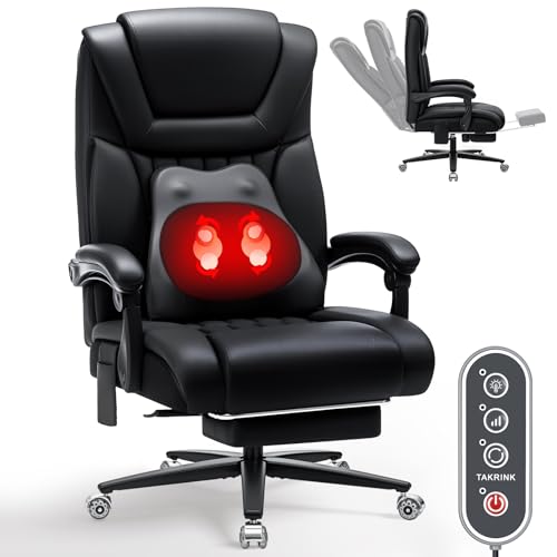 HOFFREE Kneading Massage Office Chair with Heat 500lbs Ergonomic Desk Chair with Footrest and Lumbar Support Pillow PU Leather Executive Computer Chair for Heavy People (Black)