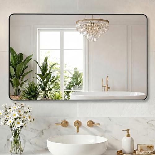 Image of NEWBULIG 30X48 Inch Bathroom Mirror, Rectangle Wall Mirror with Rounded Corners, Black Vanity Mirrors for Bathroom Sink with Metal Frame for Bedroom, Entryway, Hangs Horizontally or Vertically