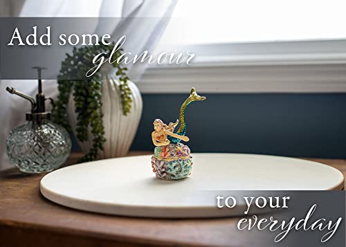 Cottage Garden Hand Painted Metal Enamel Hinged Trinket Box Ornamental Mini Jewelry Ring Earring Organizer Vintage Figurine Keepsake Box With Bejeweled Crystals, Colorful Coral Blue Mermaid #TOP5