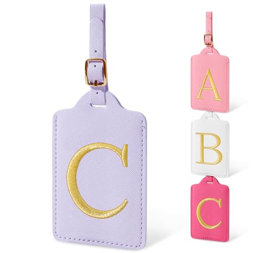 Image of Initial Luggage Tags for Suitcases, Cute Embroidered Letter Luggage Bag Suitcase Identifier Name Baggage Tag, PU Leather Travel Luggage Tags, Bag Tags for Men Women Kids Luggage Handbags(Purple C)
