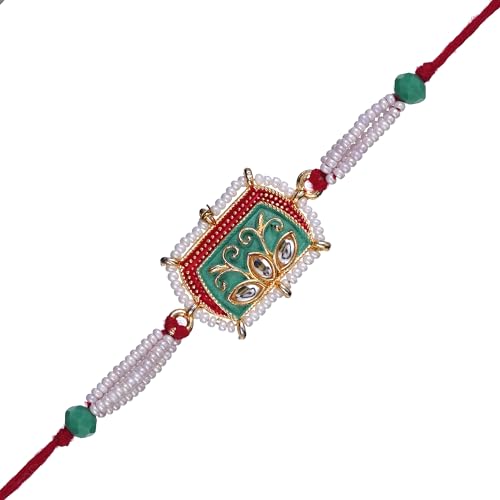 Image of eCraftIndia Green, Red, White Pearls, Beaded Designer Rakhis, Best Bro Ever Fridge Magnet with Roli Chawal Pack - Rakhis for Brother, Bhabhi, Kids