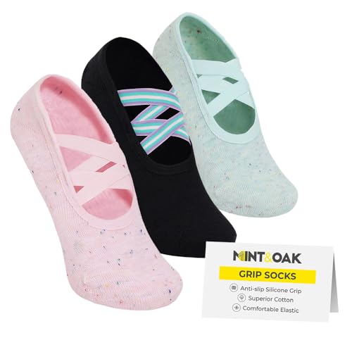 Image of Mint & Oak Pilates Socks with Grips for Women, Ankle Length Non-Slip Yoga Socks, Cotton Ideal For Yoga, Pilates, Gym, Workout, Cute Women's Gift