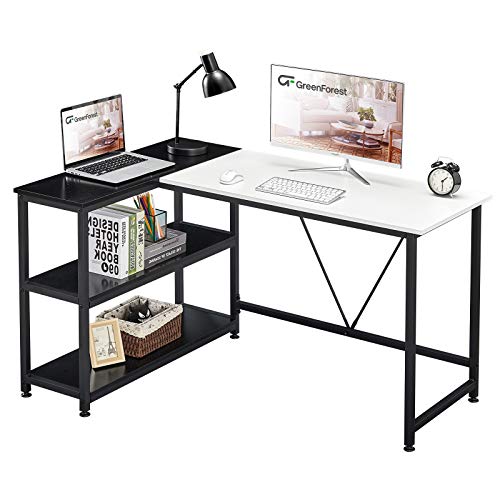 GreenForest L Shaped Desk Small Size Corner Desk with Storage Shelf White Writing Computer Desk Saving Space for Home Office PC Workstation Laptop Table, White and Balck