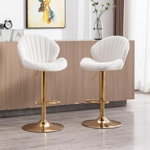 chairus Juego de 2 Taburetes de Bar Ajustable de Terciopelo Sillas de Bar con Patas Doradas, Taburetes de Cocina con Respaldo de Diseño para Cocina/Cafetería/Isla de Cocina, Beige