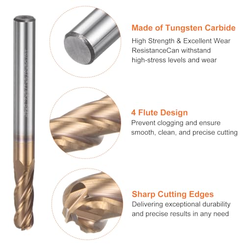 Image of HARFINGTON 5 Pcs Ball Nose End Mill 4 Flute 15 /64 inch Diameter 1 /4 inch Shank Tungsten Carbide Spiral CNC Router Bits 3 /4 inch Cutting Length Single End Ball Cutting Tool for Carving Engraving Grinding