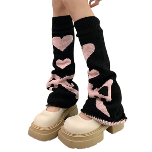 KGDUYC Calentadores para mujer Calentadores de piernas de crochet Kawaii Calcetines térmicos hasta el muslo de punto Harajuku de los años 80(negro rosa)