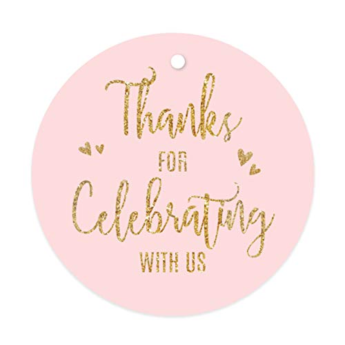 Andaz Press Blush Pink Gold Glitter Print Wedding Collection, Round Circle Gift Tags, Thank You for Celebrating with US, 24-Pack