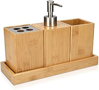 Navaris Bamboo Bathroom Accessories Set - 4-Piece Bath Set with Toothbrush Holder, Soap Dispenser, Storage Container, Organiser Tray - Natural Wood