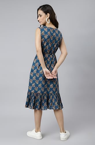 Image of Janasya Women's Cotton Ethnic Motifs Flared Western Dress