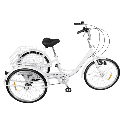 Mermajestic Triciclo para adultos, 24 pulgadas, bicicleta de 6 velocidades con cesta, capacidad de carga 120 kg, altura regulable 95-110 cm, para ocio, compras