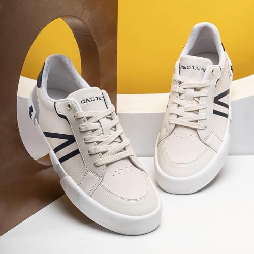Image of Red Tape Men's Sneakers Off White Pu Round Toe Lace-Up Responsive Sole