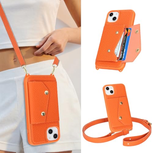 Jaorty Genuine Leather Wallet Case for iPhone 15 with Strap,6.1",Orange