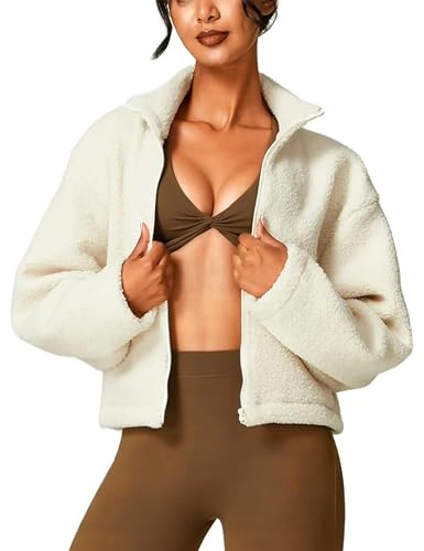 Watashi Women's Sherpa Jacket Faux Fur Coat Fleece Outerwear Zip-up with Pockets