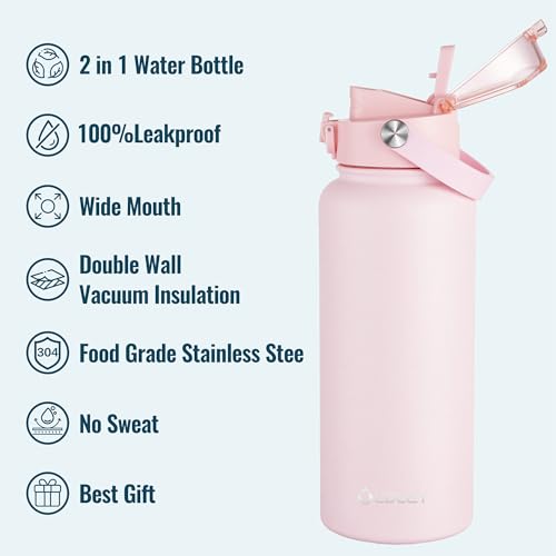 Image of OLDLEY 32oz Insulated Water Bottle with 2-in-1 Straw & Chug Lid, Leakproof Stainless Steel Bottle, Double Wall Vacuum Insulated Water Bottle for Sports, Gym, Travel,Pink