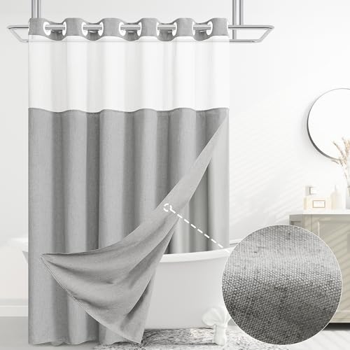 No Hooks Gray Linen Shower Curtain